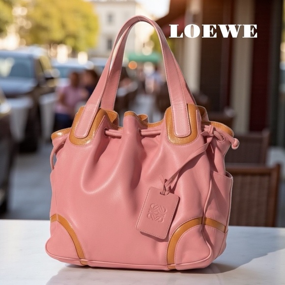 Loewe Handbags - LOEWE ANAGRAM AUTHENTIC PINK SOFT LEATHER DRAW STRING SHOULDER HANDBAG
